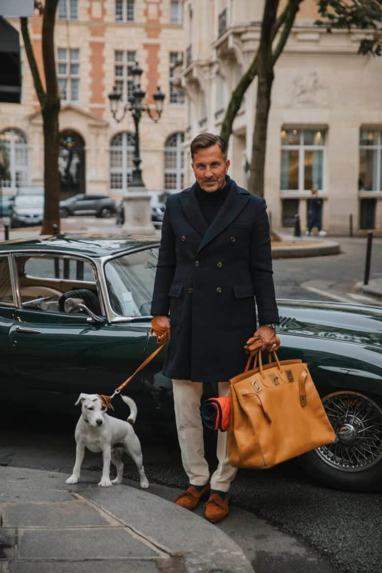 AK MC The Florence short double-breasted overcoat in navy wool and cashmere