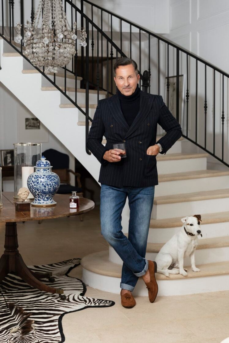 AK MC Double-breasted signature barchetta superfine wool blazer in navy pinstripe