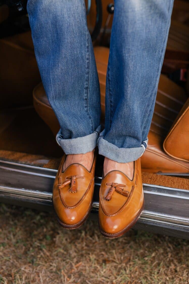 AK MC handmade burnished caramel calf leather tassel loafers